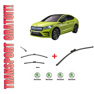 Set 3 stergatoare SKODA ENYAQ iV Coupe (5AC) din 2021, pentru parbriz si luneta fata si spate auto, Valeo Silencio Xtrm, din cauciuc siliconat rezistent, 4 Stickere Auto SKODA