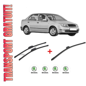 Set 3 stergatoare SKODA FABIA I Saloon (6Y3) din 2000 - 2007, pentru parbriz si luneta fata si spate auto, Bosch Aerotwin, din cauciuc siliconat rezistent, 4 Stickere Auto SKODA