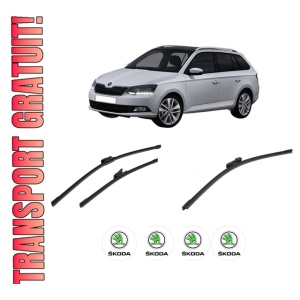 Set 3 stergatoare SKODA FABIA III Estate (NJ5) din 2014-2022, pentru parbriz si luneta fata si spate auto, Bosch Aerotwin-Aerotwin, din cauciuc siliconat rezistent, 4 Stickere Auto SKODA