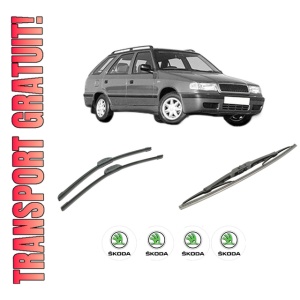 Set 3 stergatoare SKODA FELICIA II Estate (6U5) din 1996-2001, pentru parbriz si luneta fata si spate auto, Bosch Twin-Aerotwin Retrofit, din cauciuc siliconat rezistent, 4 Stickere Auto SKODA