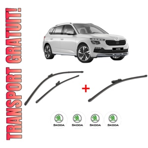 Set 3 stergatoare SKODA KAMIQ (NW4) din 2019, pentru parbriz si luneta fata si spate auto, Valeo Silencio Xtrm, din cauciuc siliconat rezistent, 4 Stickere Auto SKODA