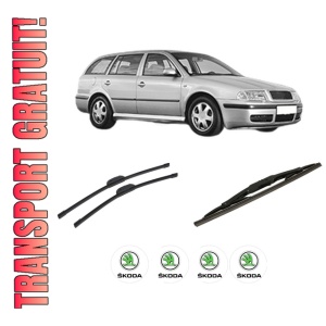 Set 3 stergatoare SKODA Octavia I Combi (1U5) din 1998-2010, pentru parbriz si luneta fata si spate auto, Bosch Twin-Aerotwin Retrofit, din cauciuc siliconat rezistent, 4 Stickere Auto SKODA