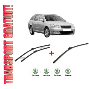 Set 3 stergatoare SKODA Octavia II Combi (1Z5) din 2004 - 2013, pentru parbriz si luneta fata si spate auto, Bosch Aerotwin, din cauciuc siliconat rezistent, 4 Stickere Auto SKODA
