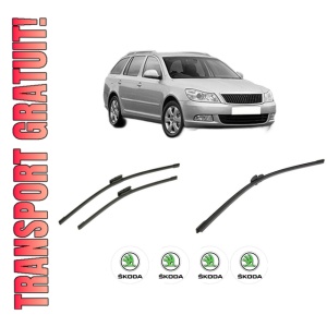 Set 3 stergatoare SKODA Octavia II Combi (1Z5) din 2004-2013, pentru parbriz si luneta fata si spate auto, Bosch Aerotwin-Aerotwin Multi, din cauciuc siliconat rezistent, 4 Stickere Auto SKODA
