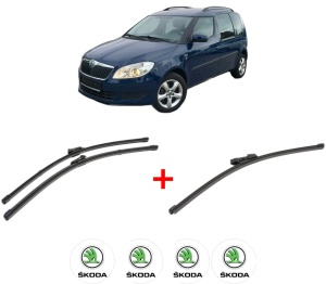 Set 3 stergatoare SKODA ROOMSTER (5J7) din 2006 - 2015, pentru parbriz si luneta fata si spate auto, Valeo Silencio Xtrm, din cauciuc siliconat rezistent, 4 Stickere Auto SKODA v13516