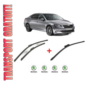 Set 3 stergatoare SKODA SUPERB III (3V3) din 2015 - 2024, pentru parbriz si luneta fata si spate auto, Bosch Aerotwin, din cauciuc siliconat rezistent, 4 Stickere Auto SKODA