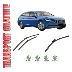 Set 3 stergatoare SKODA SUPERB IV (NZ3) din 2023-2025, pentru parbriz si luneta fata si spate auto, Bosch Aerotwin-Aerotwin, din cauciuc siliconat rezistent, 4 Stickere Auto SKODA
