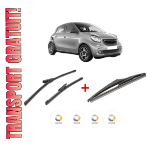 Set 3 stergatoare SMART FORFOUR Hatchback (453) din 2014, pentru parbriz si luneta fata si spate auto, Valeo Silencio, din cauciuc siliconat rezistent, 4 Stickere Auto SMART
