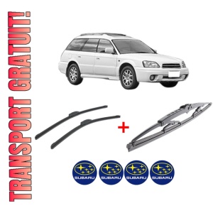 Set 3 stergatoare SUBARU LEGACY III Estate (BH) din 1998 - 2003, pentru parbriz si luneta fata si spate auto, Bosch Twin, din cauciuc siliconat rezistent, 4 Stickere Auto SUBARU