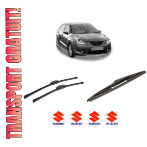 Set 3 stergatoare SUZUKI BALENO (FW, EW) din 2016, pentru parbriz si luneta fata si spate auto, Bosch Twin-Aerotwin Retrofit, din cauciuc siliconat rezistent, 4 Stickere Auto SUZUKI