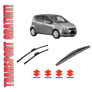 Set 3 stergatoare SUZUKI SPLASH (EX) din 2008-2012, pentru parbriz si luneta fata si spate auto, Bosch Twin-Aerotwin Retrofit, din cauciuc siliconat rezistent, 4 Stickere Auto SUZUKI