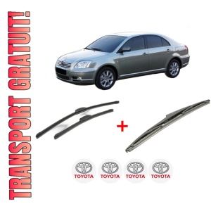 Set 3 stergatoare TOYOTA AVENSIS (_T25_) din 2003 - 2008, pentru parbriz si luneta fata si spate auto, Bosch Twin, din cauciuc siliconat rezistent, 4 Stickere Auto TOYOTA