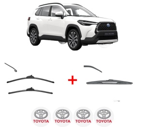 Set 3 stergatoare TOYOTA COROLLA CROSS (ZVG1_, ZSG1_, MXGH1_, MXGA1_) din 2022, pentru parbriz si luneta fata si spate auto, Valeo Silencio, din cauciuc siliconat rezistent, 4 Stickere Auto TOYOTA v12191