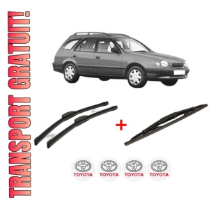 Set 3 stergatoare TOYOTA COROLLA Estate (_E11_) din 1997 - 2001, pentru parbriz si luneta fata si spate auto, Bosch Twin, din cauciuc siliconat rezistent, 4 Stickere Auto TOYOTA