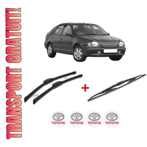 Set 3 stergatoare TOYOTA COROLLA Liftback (_E11_) din 1997 - 2002, pentru parbriz si luneta fata si spate auto, Bosch Twin, din cauciuc siliconat rezistent, 4 Stickere Auto TOYOTA