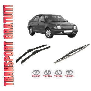Set 3 stergatoare TOYOTA COROLLA Liftback (_E11_) din 1997-2002, pentru parbriz si luneta fata si spate auto, Bosch Twin-Aerotwin Retrofit, din cauciuc siliconat rezistent, 4 Stickere Auto TOYOTA