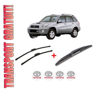 Set 3 stergatoare TOYOTA RAV 4 II (_A2_) din 2000 - 2005, pentru parbriz si luneta fata si spate auto, Bosch Twin, din cauciuc siliconat rezistent, 4 Stickere Auto TOYOTA