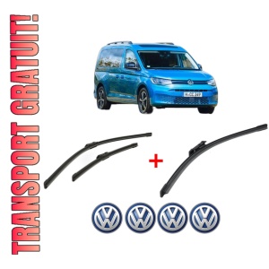 Set 3 stergatoare Volkswagen CADDY CALIFORNIA V Camper (SBB, SBJ) din 2020 - 2024, pentru parbriz si luneta fata si spate auto, Bosch Aerotwin, din cauciuc siliconat rezistent, 4 Stickere Auto VW