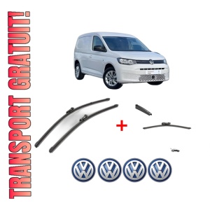Set 3 stergatoare Volkswagen CADDY V MPV (SBB, SBJ) din 2020 - 2024, pentru parbriz si luneta fata si spate auto, Valeo Silencio, din cauciuc siliconat rezistent, 4 Stickere Auto VW