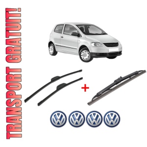 Set 3 stergatoare Volkswagen FOX Hatchback (5Z1, 5Z3, 5Z4) din 2005 - 2011, pentru parbriz si luneta fata si spate auto, Bosch Twin, din cauciuc siliconat rezistent, 4 Stickere Auto VW