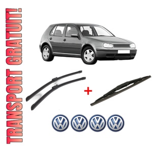 Set 3 stergatoare Volkswagen GOLF IV (1J1) din 1997 - 2005, pentru parbriz si luneta fata si spate auto, Bosch Twin, din cauciuc siliconat rezistent, 4 Stickere Auto VW