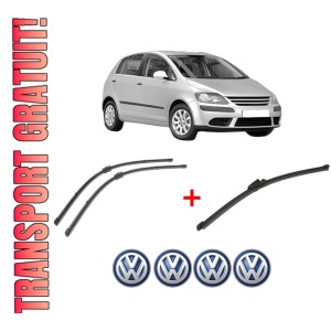 Set 3 stergatoare Volkswagen GOLF PLUS V (5M1, 521) din 2004 - 2013, pentru parbriz si luneta fata si spate auto, Valeo Silencio Xtrm, din cauciuc siliconat rezistent, 4 Stickere Auto VW