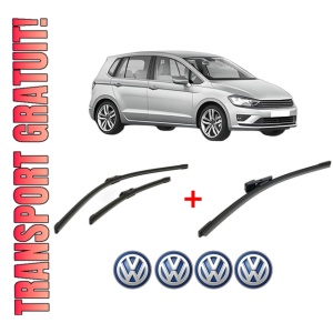 Set 3 stergatoare Volkswagen GOLF SPORTSVAN VII (AM1, AN1) din 2014 - 2020, pentru parbriz si luneta fata si spate auto, Bosch Aerotwin, din cauciuc siliconat rezistent, 4 Stickere Auto VW