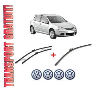 Set 3 stergatoare Volkswagen GOLF V (1K1) din 2003 - 2009, pentru parbriz si luneta fata si spate auto, Bosch Aerotwin, din cauciuc siliconat rezistent, 4 Stickere Auto VW