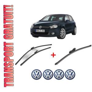 Set 3 stergatoare Volkswagen GOLF VI Van (5K1) din 2008 - 2012, pentru parbriz si luneta fata si spate auto, Valeo Silencio Xtrm, din cauciuc siliconat rezistent, 4 Stickere Auto VW