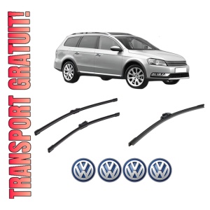Set 3 stergatoare Volkswagen PASSAT ALLTRACK B7 (365) din 2012-2014, pentru parbriz si luneta fata si spate auto, Bosch Aerotwin-Aerotwin, din cauciuc siliconat rezistent, 4 Stickere Auto Volkswagen