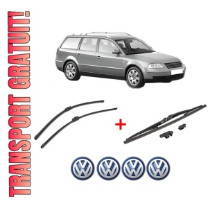 Set 3 stergatoare Volkswagen PASSAT B5.5 Variant (3B6) din 2000 - 2005, pentru parbriz si luneta fata si spate auto, Valeo Silencio, din cauciuc siliconat rezistent, 4 Stickere Auto VW
