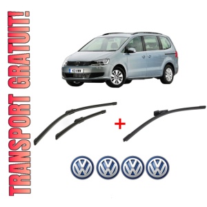 Set 3 stergatoare Volkswagen SHARAN VAN (7N1, 7N2) din 2010 - 2015, pentru parbriz si luneta fata si spate auto, Bosch Aerotwin, din cauciuc siliconat rezistent, 4 Stickere Auto VW