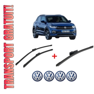 Set 3 stergatoare Volkswagen T-CROSS (C11, D31) din 2018, pentru parbriz si luneta fata si spate auto, Bosch Aerotwin, din cauciuc siliconat rezistent, 4 Stickere Auto VW