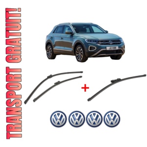 Set 3 stergatoare Volkswagen T-ROC (A11, D11) din 2017 - 2021, pentru parbriz si luneta fata si spate auto, Valeo Silencio Xtrm, din cauciuc siliconat rezistent, 4 Stickere Auto VW