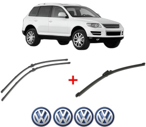 Set 3 stergatoare Volkswagen TOUAREG (7LA, 7L6, 7L7) din 2002 - 2010, pentru parbriz si luneta fata si spate auto, Valeo Silencio Xtrm, din cauciuc siliconat rezistent, 4 Stickere Auto VW v14956