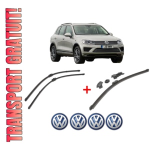 Set 3 stergatoare Volkswagen TOUAREG (7P5, 7P6) din 2010 - 2018, pentru parbriz si luneta fata si spate auto, Valeo HydroConnect, din cauciuc siliconat rezistent, 4 Stickere Auto VW