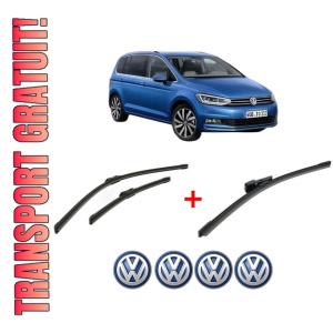 Set 3 stergatoare Volkswagen TOURAN (5T1) din 2015 - 2022, pentru parbriz si luneta fata si spate auto, Bosch Aerotwin, din cauciuc siliconat rezistent, 4 Stickere Auto VW