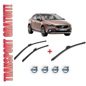 Set 3 stergatoare VOLVO V40 Cross Country (526) din 2012 - 2019, pentru parbriz si luneta fata si spate auto, Bosch Aerotwin, din cauciuc siliconat rezistent, 4 Stickere Auto VOLVO