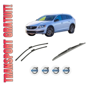 Set 3 stergatoare VOLVO V60 I Cross Country (157) din 2015-2018, pentru parbriz si luneta fata si spate auto, Bosch Twin-Aerotwin, din cauciuc siliconat rezistent, 4 Stickere Auto VOLVO