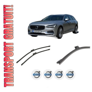 Set 3 stergatoare VOLVO V90 II Estate (235) din 2016-2022, pentru parbriz si luneta fata si spate auto, Bosch Aerotwin-Aerotwin, din cauciuc siliconat rezistent, 4 Stickere Auto VOLVO