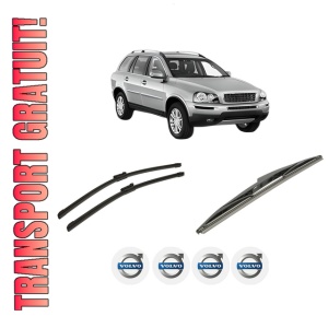 Set 3 stergatoare VOLVO XC90 I (275) din 2002-2014, pentru parbriz si luneta fata si spate auto, Bosch Twin-Aerotwin, din cauciuc siliconat rezistent, 4 Stickere Auto VOLVO