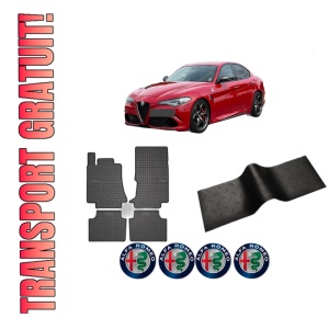 Set 5 covorase auto ALFA ROMEO GIULIA (952_) din 2008-2016, cu covoras tunel median, presuri auto din cauciuc, 4x Stickere auto cu ALFA ROMEO