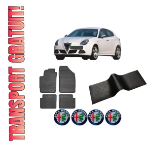 Set 5 covorase auto ALFA ROMEO GIULIETTA (940_) din 2004-2013, cu covoras tunel median, presuri auto din cauciuc, 4x Stickere auto cu ALFA ROMEO