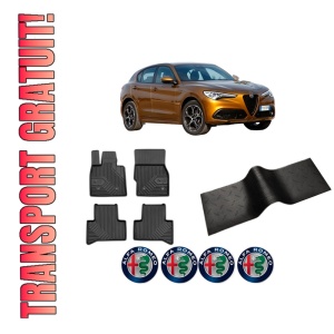 Set 5 covorase auto ALFA ROMEO STELVIO (949_) din 2012-2020, cu covoras tunel median, presuri auto din cauciuc, 4x Stickere auto cu ALFA ROMEO