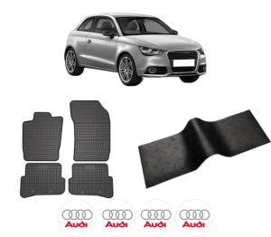Set 5 covorase auto AUDI A1 (8X1, 8XK) din 2000-2010, cu covoras tunel median, presuri auto din cauciuc, 4x Stickere auto cu AUDI - Img 2