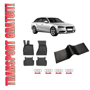Set 5 covorase auto AUDI A4 B8 Avant (8K5) din 2011-2015, cu covoras tunel median, presuri auto din cauciuc, 4x Stickere auto cu AUDI