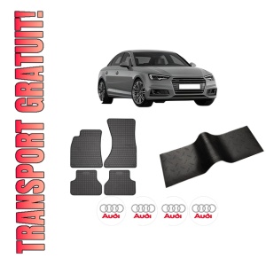 Set 5 covorase auto AUDI A4 B9 (8W2, 8WC) din 2008-2017, cu covoras tunel median, presuri auto din cauciuc, 4x Stickere auto cu AUDI
