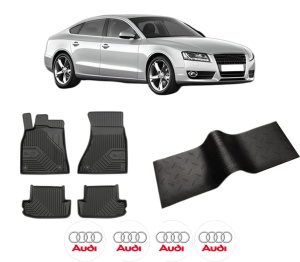 Set 5 covorase auto AUDI A5 Sportback (8TA) din 2013-2018, cu covoras tunel median, presuri auto din cauciuc, 4x Stickere auto cu AUDI - Img 2