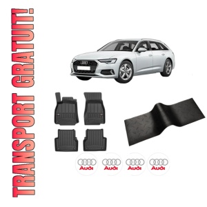 Set 5 covorase auto AUDI A6 C8 (4A2) din 2004-2009, cu covoras tunel median, presuri auto din cauciuc, 4x Stickere auto cu AUDI