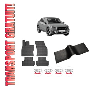 Set 5 covorase auto AUDI Q2 din 2012-2020, cu covoras tunel median, presuri auto din cauciuc, 4x Stickere auto cu AUDI